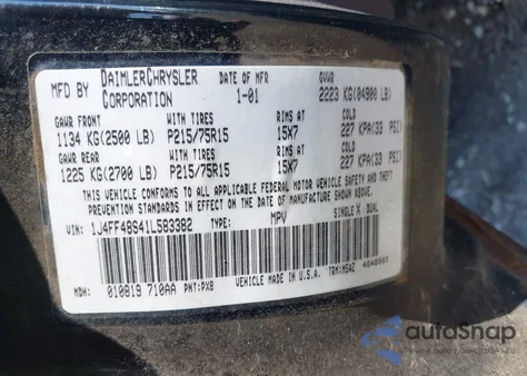 2001 Jeep Cherokee Sport z USA, uszkodzony, nr VIN 1J4FF48S41L583382